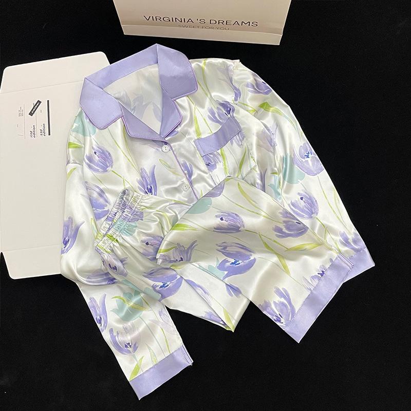 Ice Silk Pajamas Women'S Long-Sleeved Trousers Spring And Autumn Sweet Flower Tulip Thin Cool Loungewear Summer Suit
