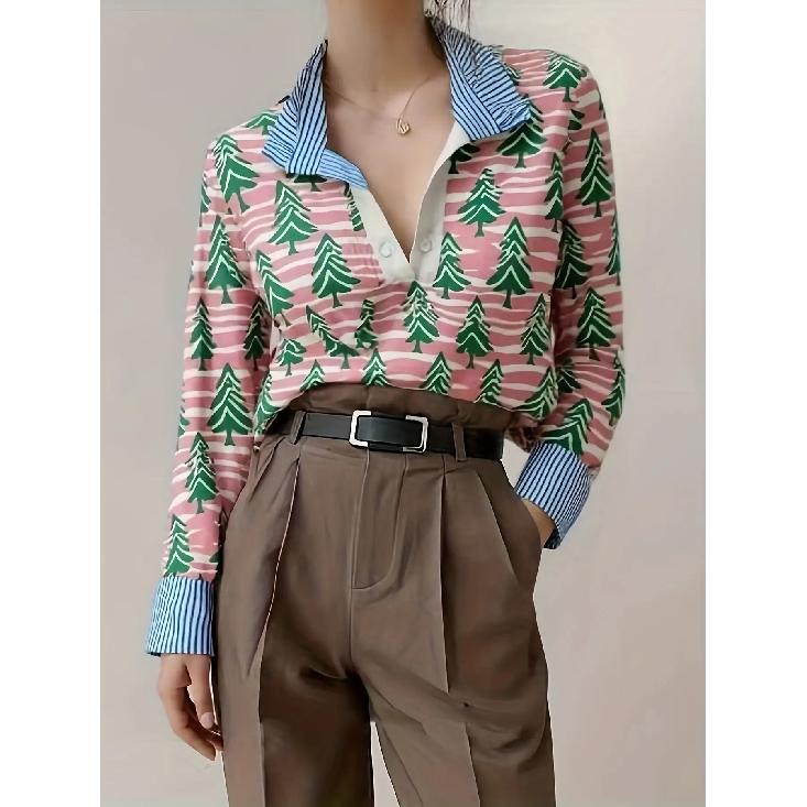 Women's Retro Christmas Pattern Blouse - Turn-Down Collar Long Sleeve, Loose Casual Silhouette, Festive Gift Tree Print Top Suitable for Fall/Winter