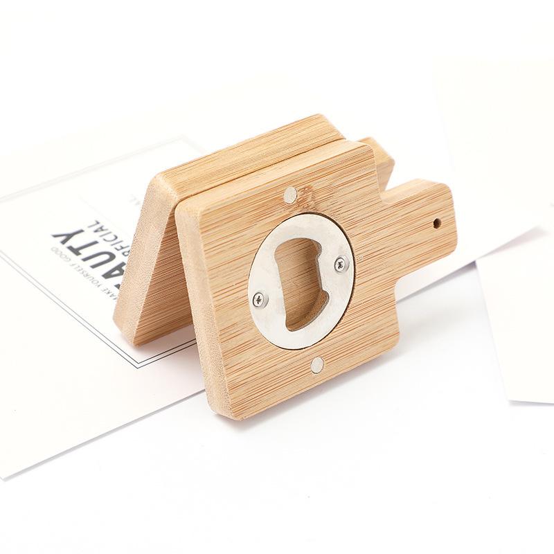 1Pc Stainless Steel Beer Bottle Opener Bamboo Magnetic Refrigerator Sticker Logo Promotion   Magnetic Design Red Wine