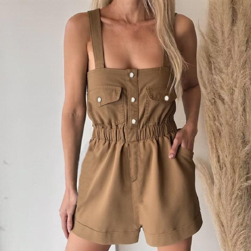 

Женские летние джинсовые комбинезоны женские на бретельках с эластичной резинкой на талии короткие комбинезоны и комбинезоны с карманами M коричневый