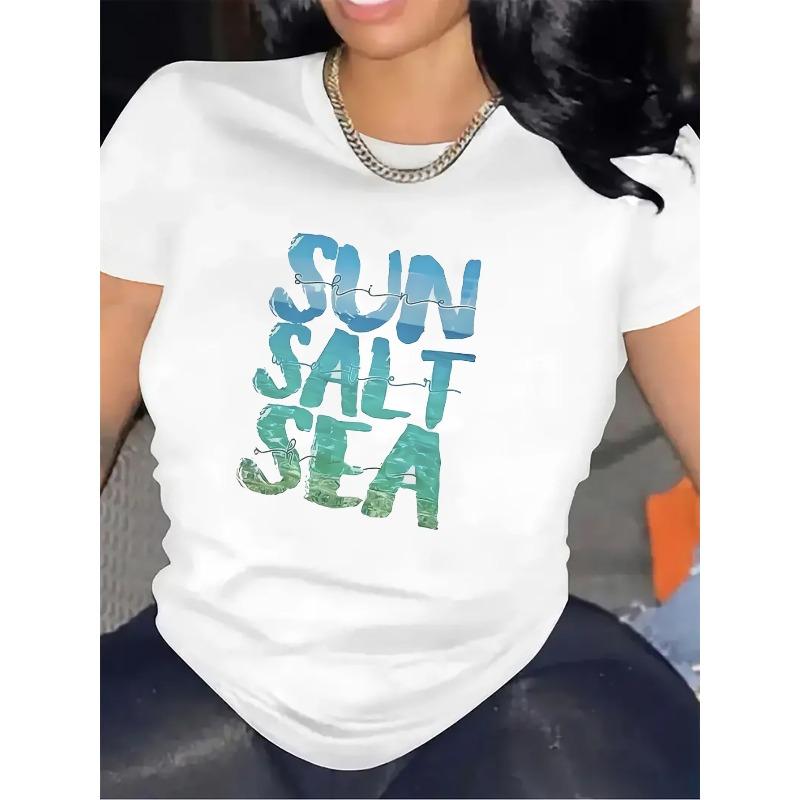 

Women S Black & White Beach T-Shirt - Lightweight Cotton Tee with SUN SALT SEA Graphic, Coastal Casual Shirt for Everyday, Vacation, Parties S белый