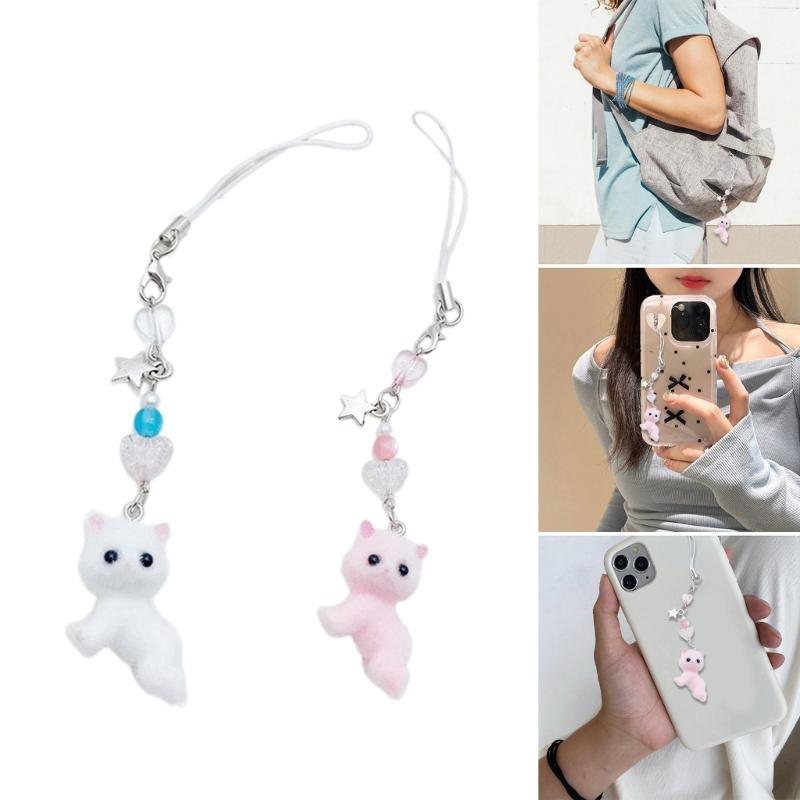 Sweet Phone Chain Strap Lanyard Flocking Cat Bead Pendant Phone Charm Hanging Decoration Cute Phone Accessories