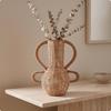 Boho Rattan Vase with Handles | Warm Beige Finish, Handwoven Flower Vase, for Shelf Display