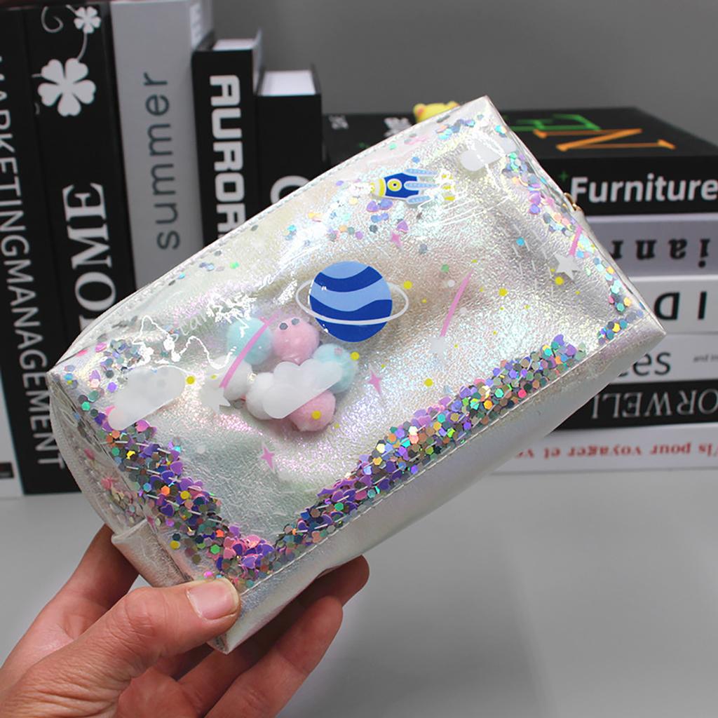 Large Capacity Planet Glitter Cosmetic Bag Cute Starry Makeup Pouch For Girls Student Pencil Case Travel Toiletry Bag
