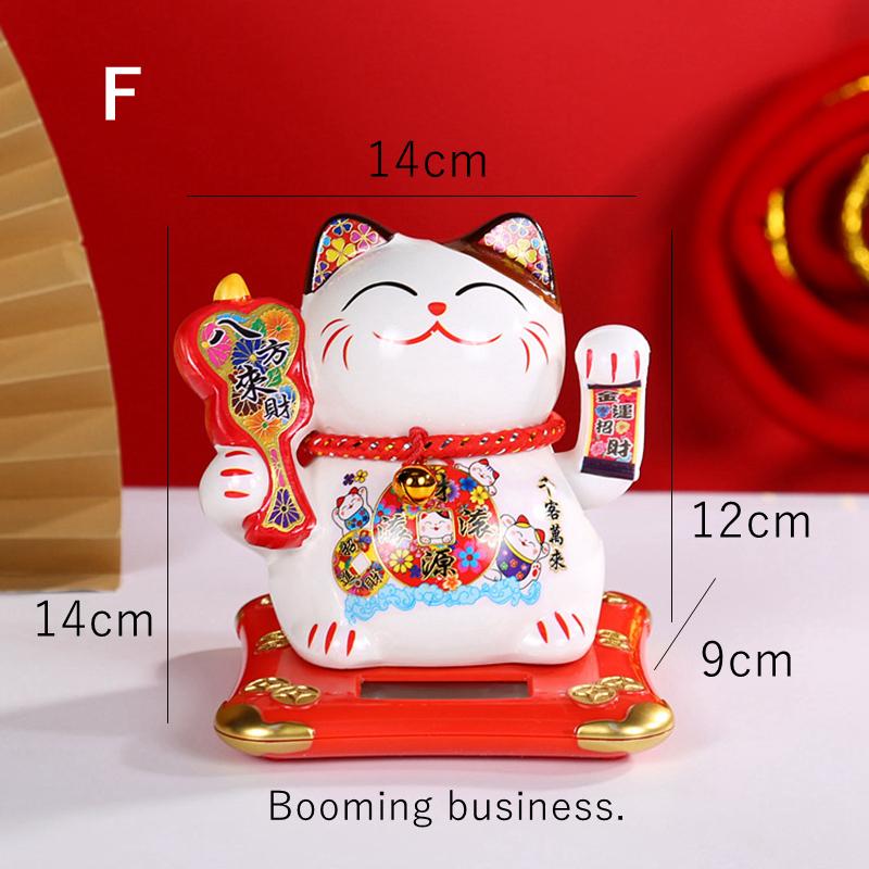 5.5 Inch Ceramic Maneki Neko Statue Solar Powered Beckoning Cat Waving Hand Lucky Cat Ornament Car Desktop Decoration Kitten