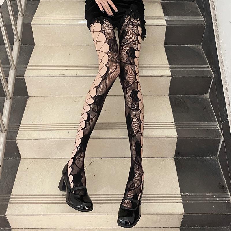 Fishnet Stockings Butterfly Roses Floral Hollow Out Sexy Suspender Pantyhose Woman Irregular Gothic Hot Girl Black Stockings