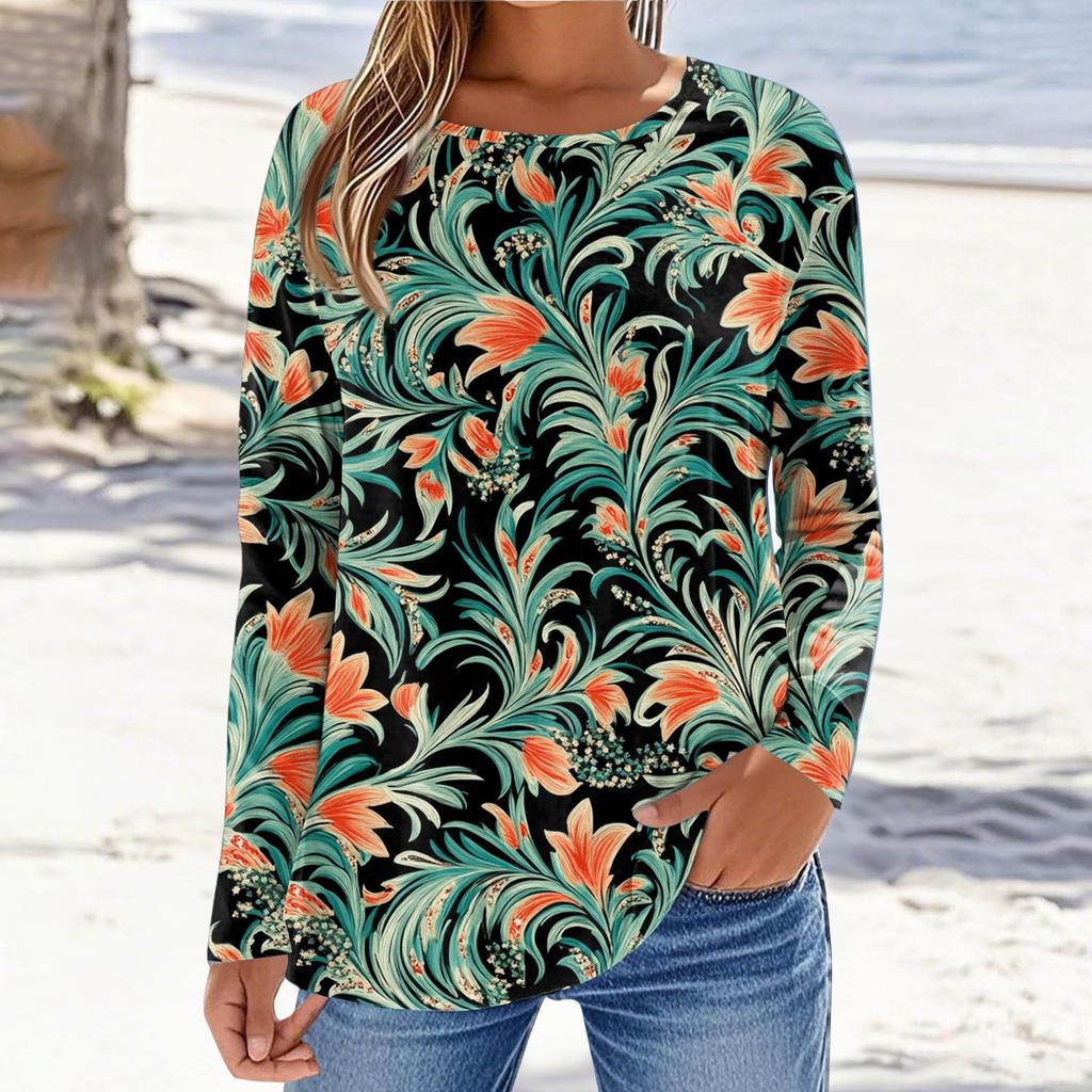 Women's Fashionable Casual Printed Long Sleeved Round Neck Top Round Neck Top Top