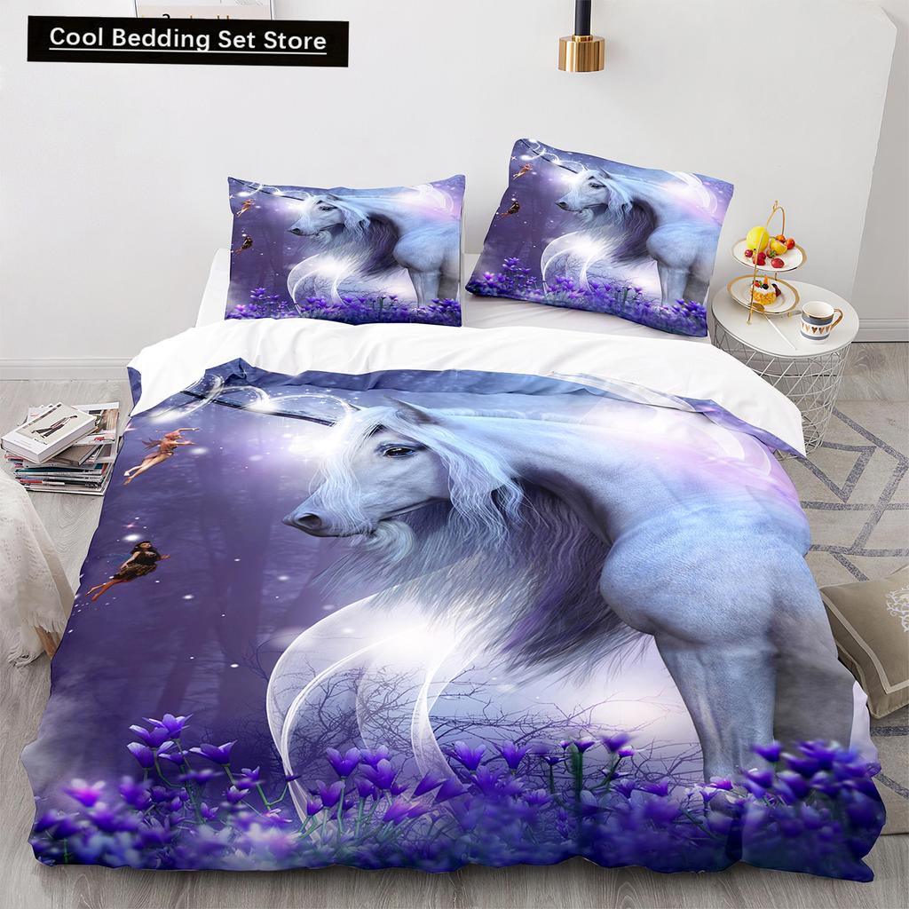 Einhorn-Bettwäsche-Set (King- und Queensize) mit Märchenmotiven und magischen Tieren für Kinder (Jungen und Mädchen) – Sternenuniversum – Polyester-Bettbezug