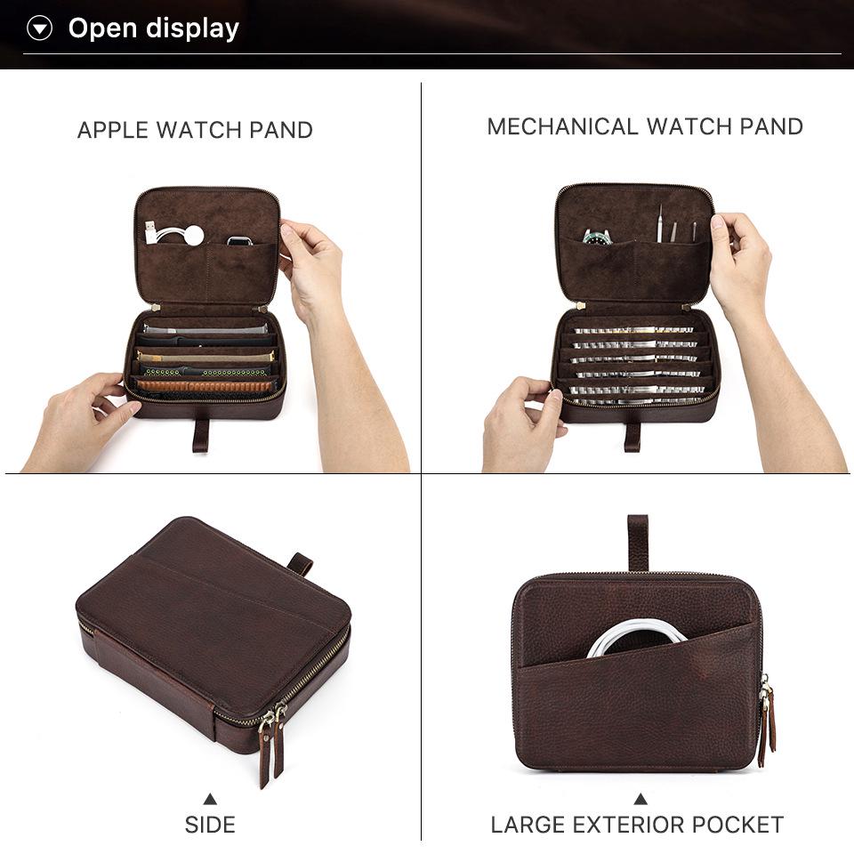 Vintage Cowhide Multi-Compartment Watch Strap Storage Box with Zipper Closure for Mechanical Wristwatches