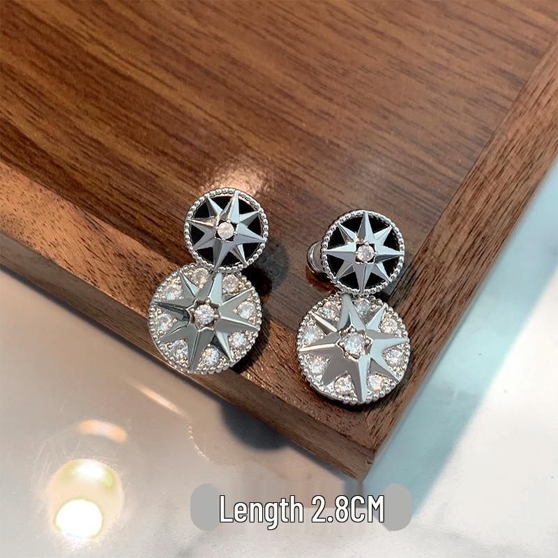 

925 Silver Family Compass Stud Earrings: Women’s Unique Two-Way Eight-Pointed Star with Zircon