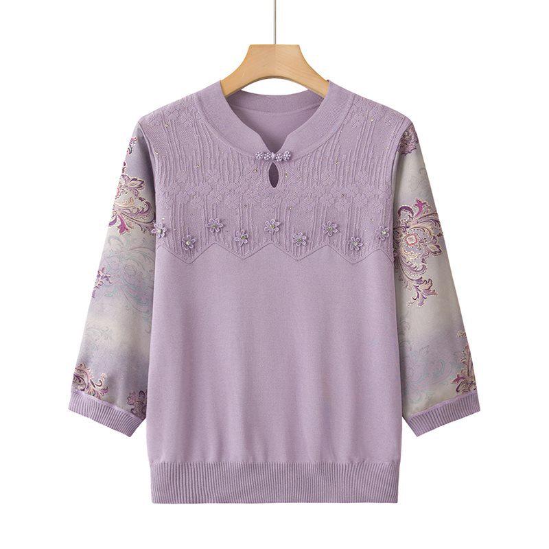 

Elegant Ice Silk Knit Top for Stylish Moms (50-60 Yrs) - Summer Wear 2XL (Recommended 105-120 lbs)