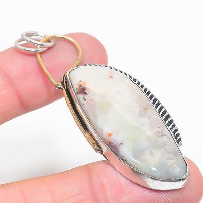 Natural Laguna Lace Agate Stone Two Tone 925 Sterling Silver Pendant 2.56" Q2L01