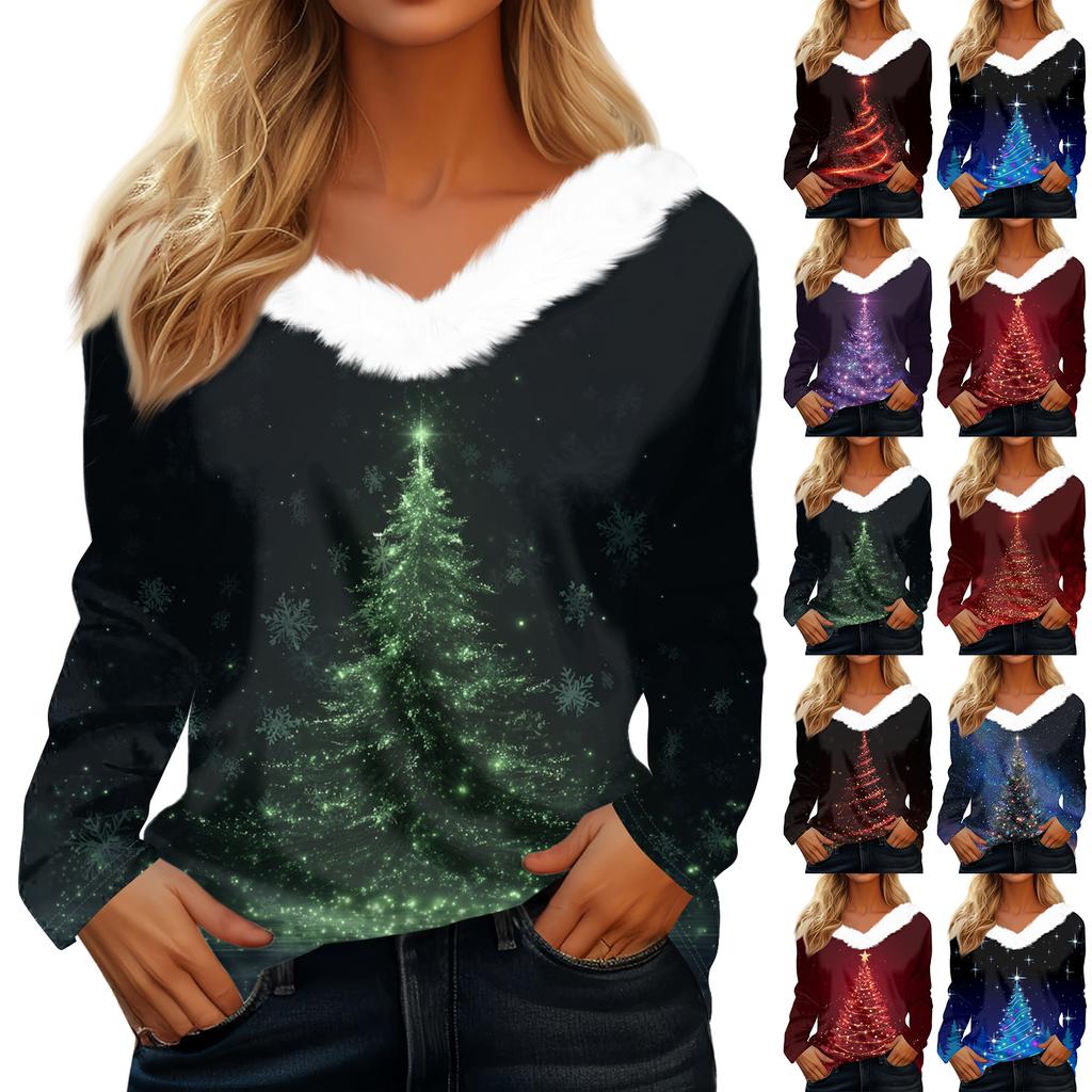 Women's Fashion Casual Long Sleeve Christmas Printed Plush Collar V-Neck Top