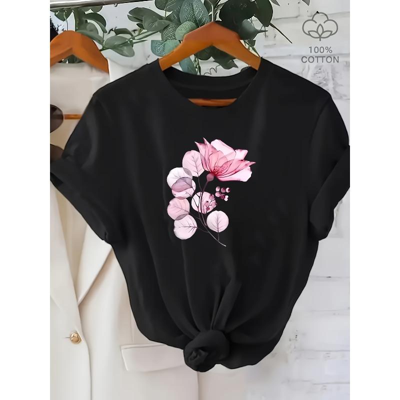 European Size  Plus Size Women's Floral Round Neck Short Sleeve Comfortable Home T-Shirt
