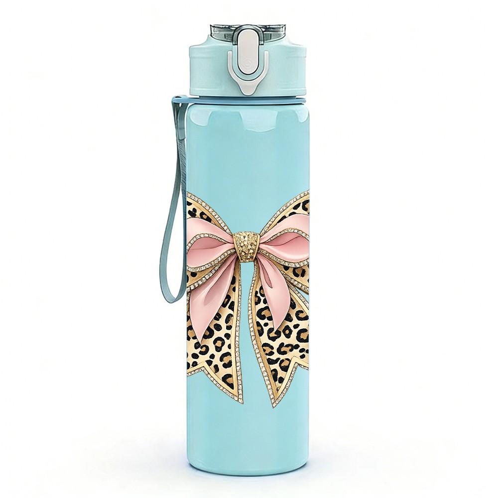 1PC Leopard Print Pattern Bow Print 750ml Color Plastic Sports Water Bottle Leakproof Flip Straw Lid Suitable for Sports Office Home Use