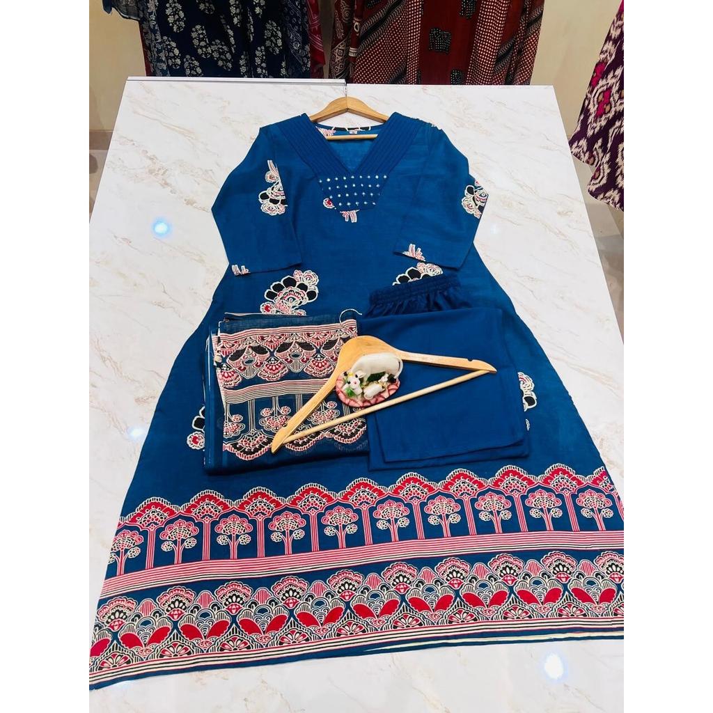 Women Party Wear Top Tunic Kurta Pant Dupatta Set Indian Bollywood Cotton Kurti 2384