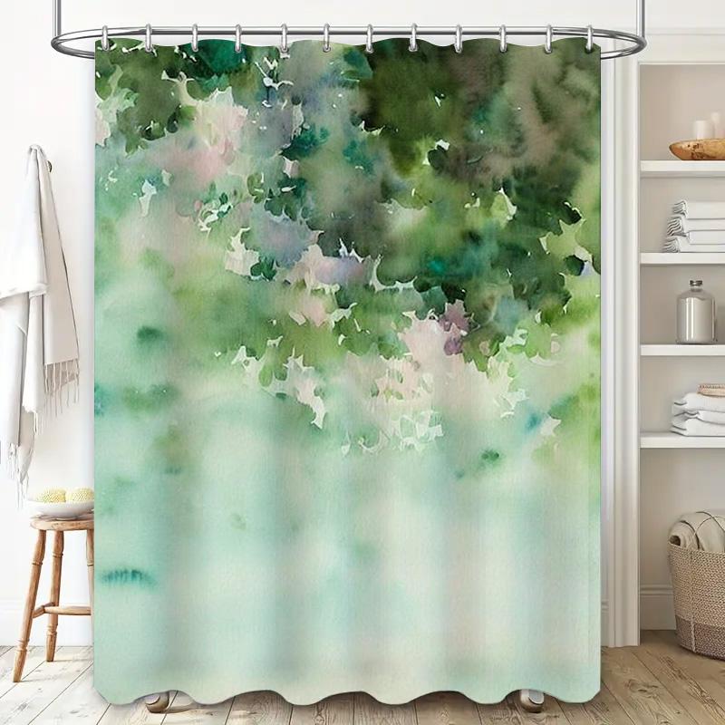 Soft Watercolor Green Leaf Print Shower Curtain Waterproof Home Bathroom Decor (60x72)