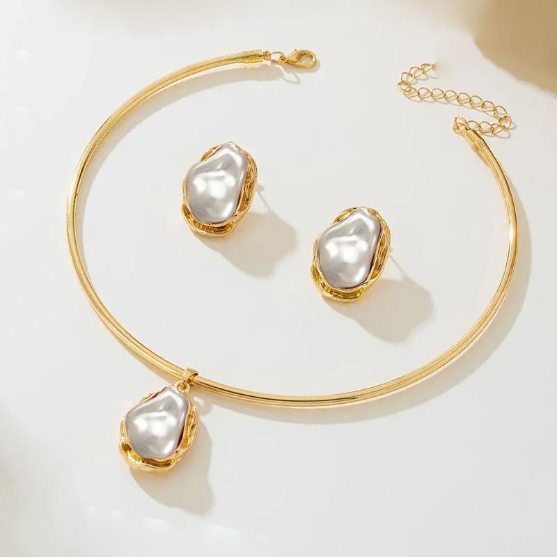 Burgundy Imitation Pearl Baroque Stud Earrings Collar Set High Value Light Luxury Niche Versatile Temperament