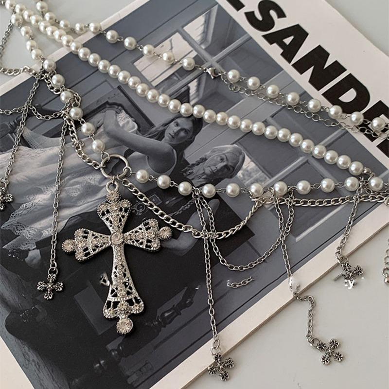 Mary Diamond-studded hollow cross tassel pearl necklace & waist chain - premium belt accessory