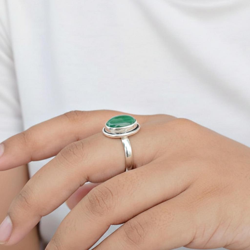 Green Malachite Oval Statement Ring, 925 Sterling Silver, Minimalist Bohemian Ring for Women