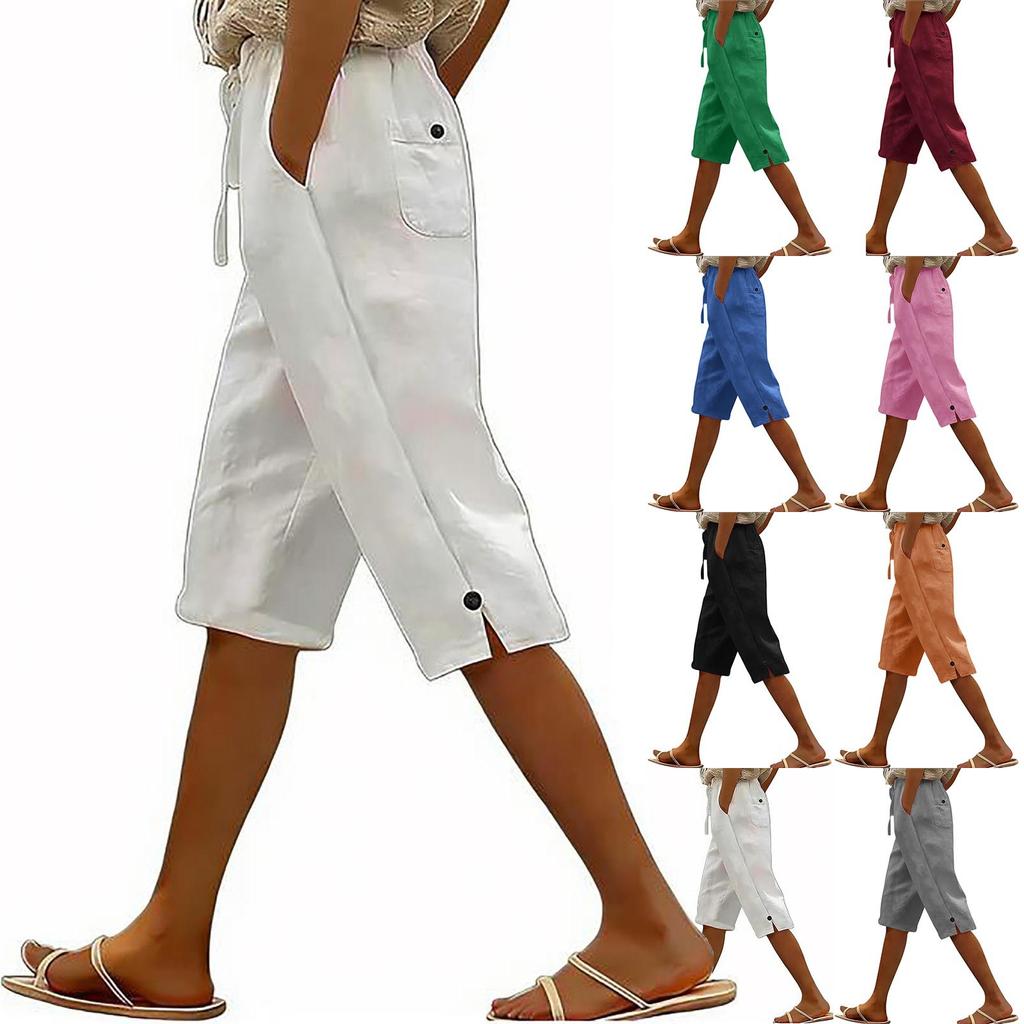 Women’s Loose Fit Linen Cropped Pants with Elastic Waistband and Side Pocket Casual Wide Leg Trousers