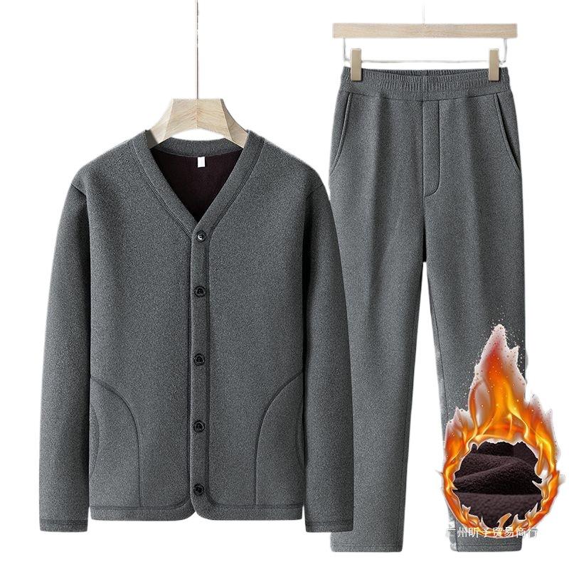 Grandpa’s Autumn & Winter Thickened Cotton Outfit: Velvet Three-Piece Set and Two-Piece Set for Middle-Aged & Elderly.