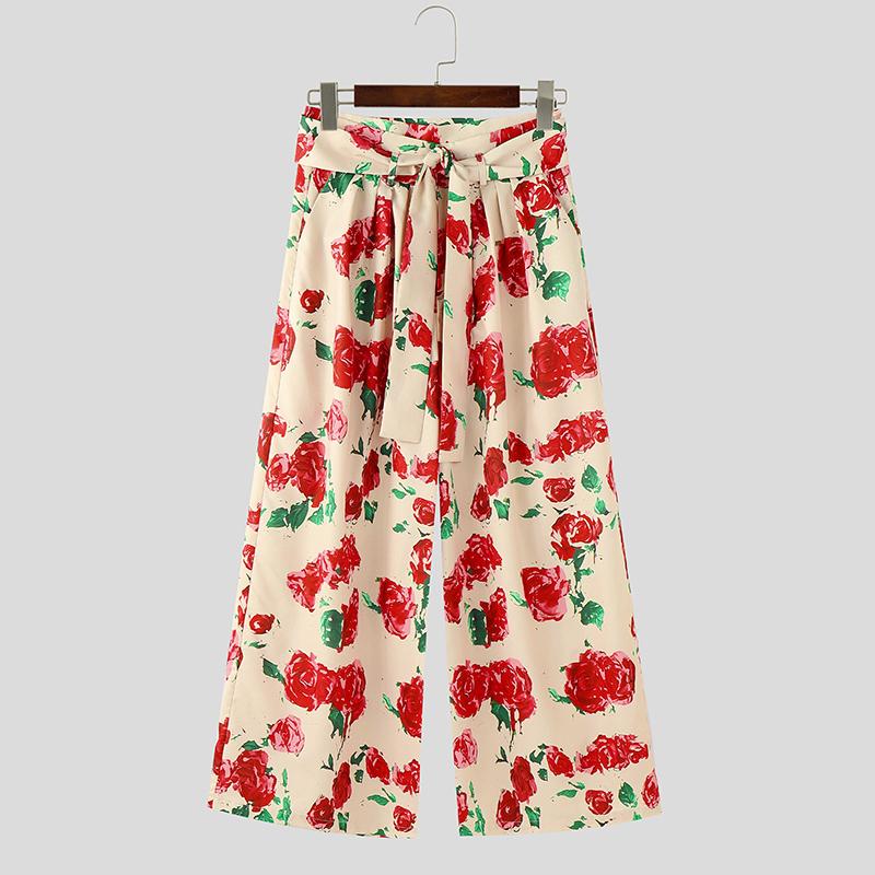 INCERUN Men Belt Zipper Waist Floral Print Casual Long Wide Legs Pants