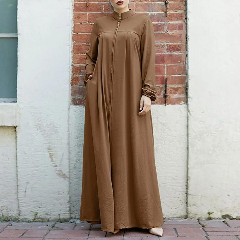 Abaya Ramadan da Donna Oversize con Zip Frontale Abito Musulmano Tasche Collo Alto Abbigliamento Monocolore Ampio
