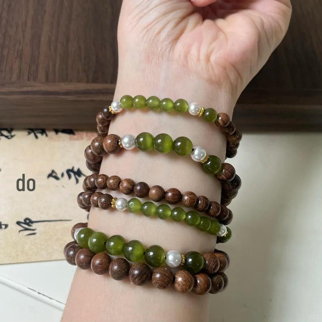 Spring/Summer Original Wooden & Green Amber Woven Bracelet: Chinese Style, Exquisite Golden Sandalwood & Cat's Eye Stone.