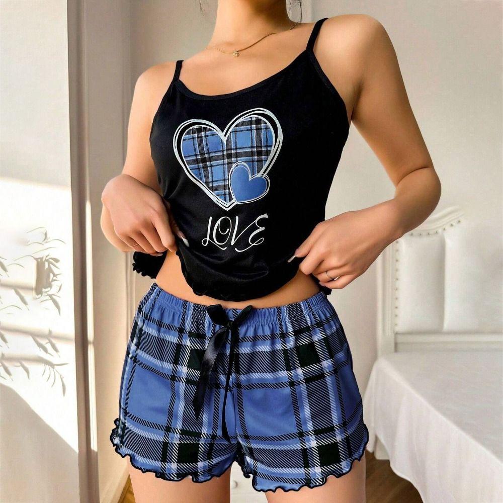 Homewear Two Piece Nightwear Love Heart Cami Shorts Pajamas Kawaii Women's Pajamas Set  Women
