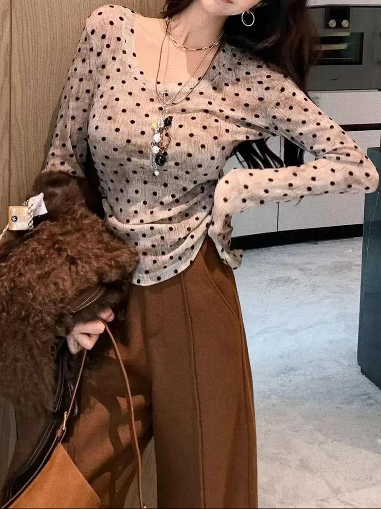 Women's Spicy Girl Polka Dot Color Block Long Sleeve Slim Fit Top - Autumn/Winter