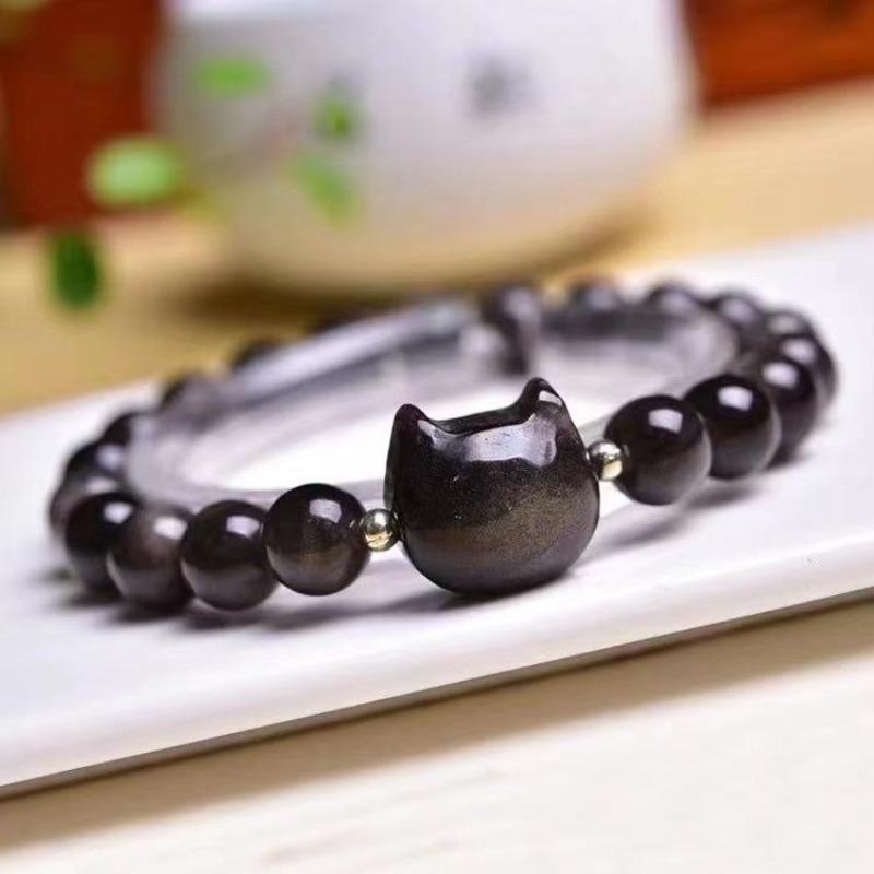 1pc Natural Obsidian Beaded Bracelet for Women, Cute Cat Head Black Crystal Bracelet, Handmade Elastic Gemstone Bangle, Dainty Protection Jewelry Gift