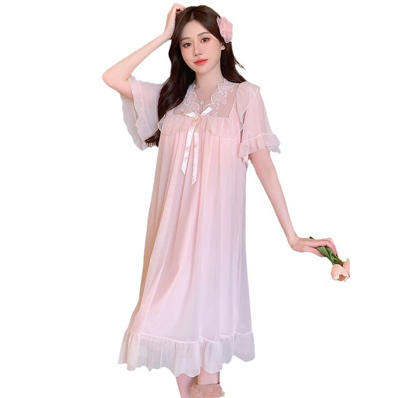 Linglei Summer Style Solid Color Lace Bow Mesh Court Princess Style Medium Long Nightdress Pajamas Loungewear