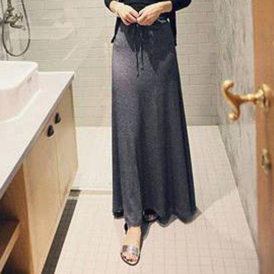 Women Maxi Skirt Adjustable Drawstring High Waist Side Slit Large Hem Long Skirt Solid Color A-Line Skirt