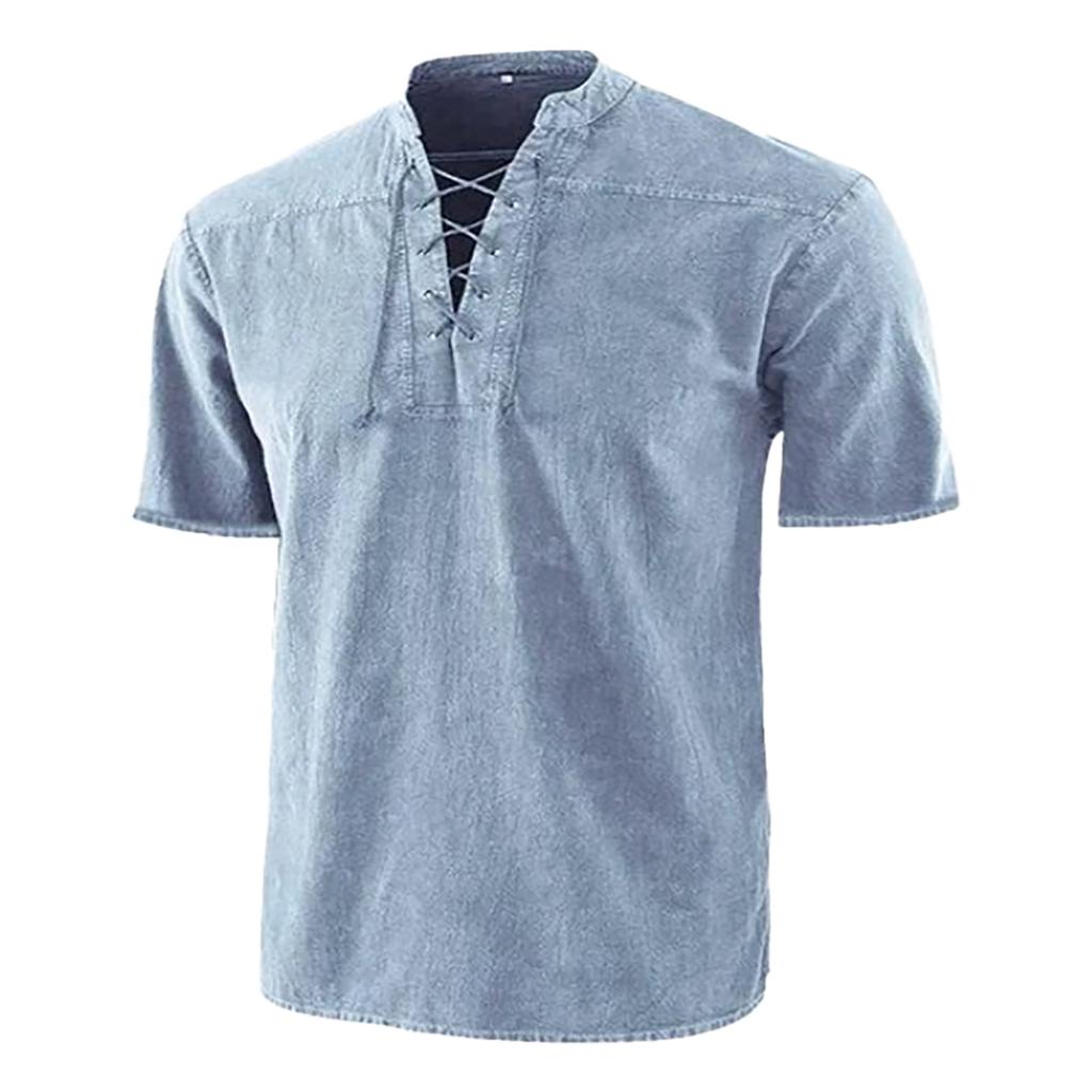 Men's Casual, Fashionable, Retro Lace-up Stand-up Collar Pullover Short-sleeved Top