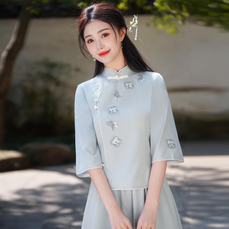 Top Hanfu Cheongsam din Bumbac și In Brodat cu Guler Înalt Retro de Primăvară