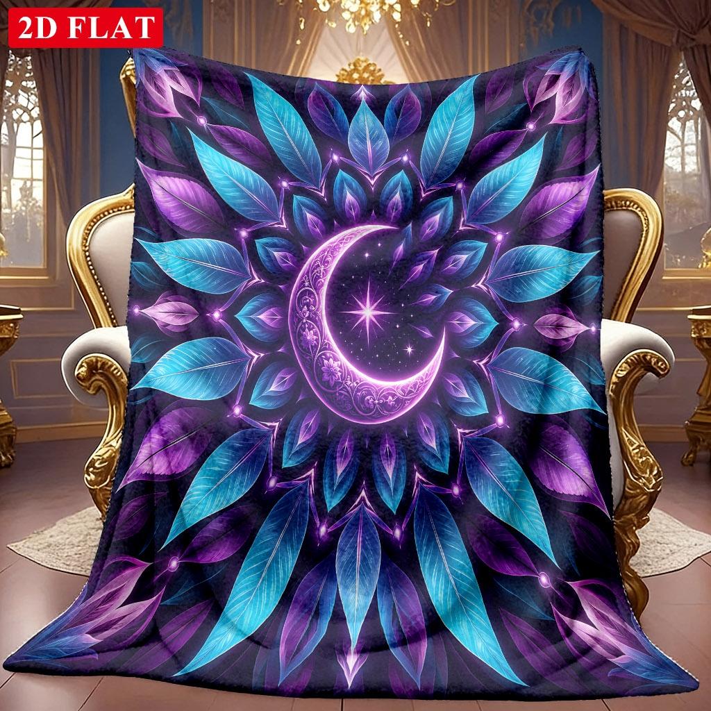 A 2D Purple and Blue Dreamy Moon, Floral, Leaf, and Mandala-themed Flannel Blanket with Soft High-definition Digital Printing, a Cooling Blanket Suita