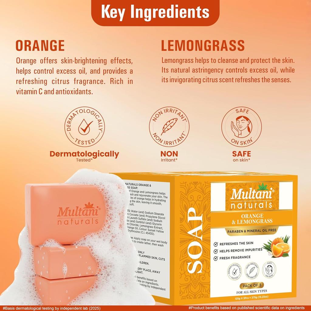 Multani Natural Orange Lemongrass Soap Bar Pack Of 3 Pcs 125 g Citrus Herbal Bathing Soap For Body Refresh Skin Men Women