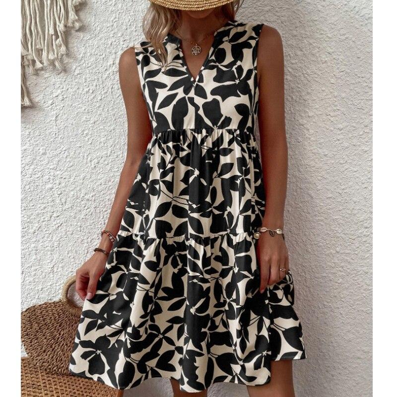 

Fashion Sleeveless A-line Dress Casual Plant Flower Printed Pleated Dress Women Summer Loose V-neck Bohemian Dresses L чёрный