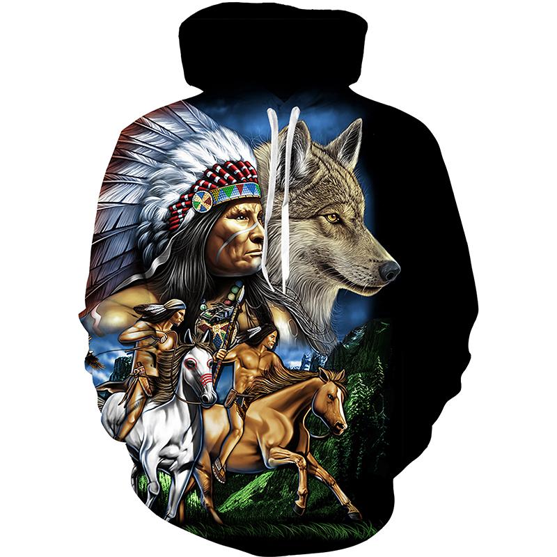Colorful Jungle Chief Fleece Sweatshirt, Men's Thick Warm Hooded Pullover, Rich Scenic Native Chieftain Motif Hoodie for Artistic Street Matching