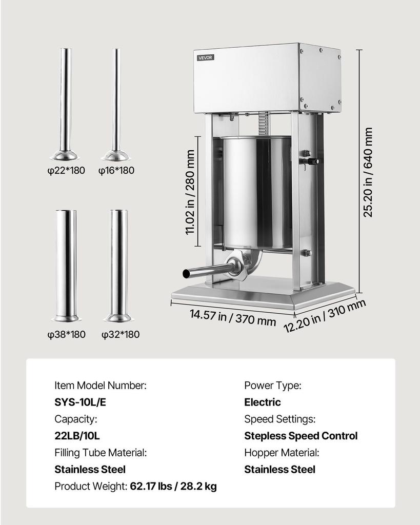 VEVOR Electric Sausage Stuffer 10L Vertical Meat Maker Stainless Steel, for Commercial Use, Stepless Speed Control Meat Stuffer, Sausage Filler Kit