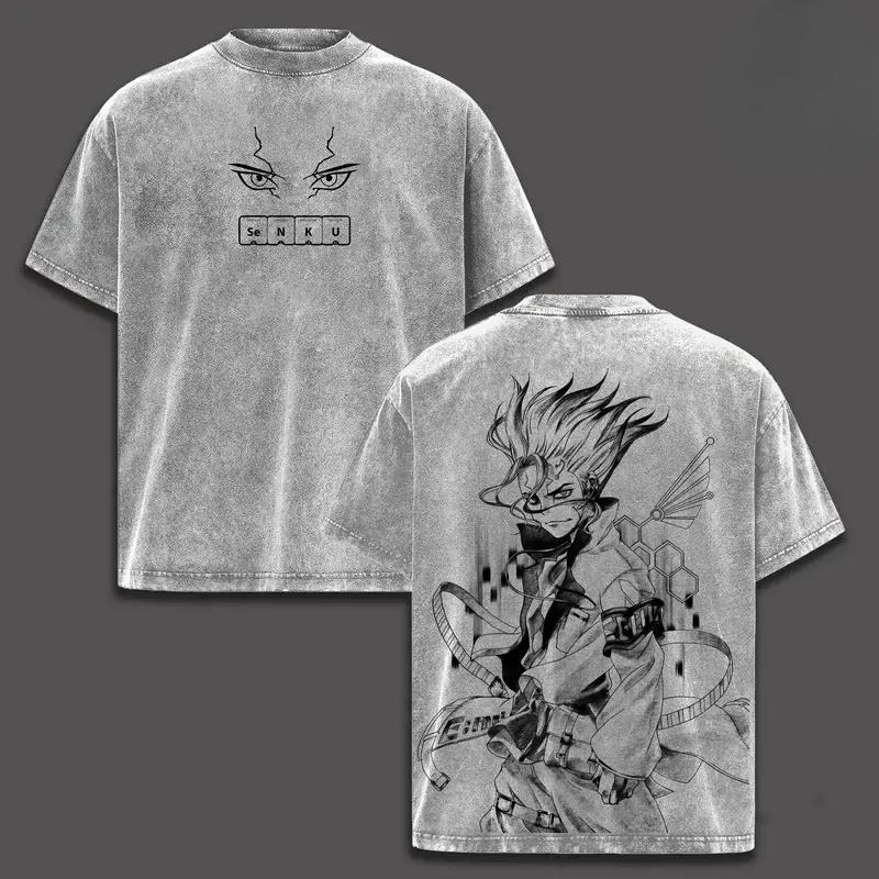 Dr.STONE Ishigami Senkuu T-shirt Anime Printed Vintage Washed Tshirt Short Sleeve Cotton Soft Tees Tops Men's Unisex Clothing