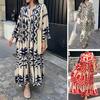 V-neck Long Sleeve Buttons Half Placket Pleated Stitching Large Hem Beach Dress Geometric Print Bohemia Long Shirt Dress