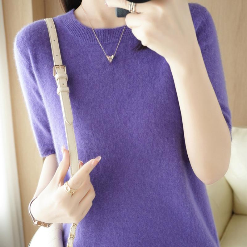 Women's Spring and Summer Short-sleeved Women O-neck Slim Pullover Vest T-shirt Knitted Base Sweater