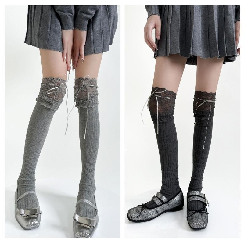 Ribbed Knit Striped Over Knee Long Socks for Women Japanese Student Sweet Bowknot Lace Splicing Thigh High Stockings