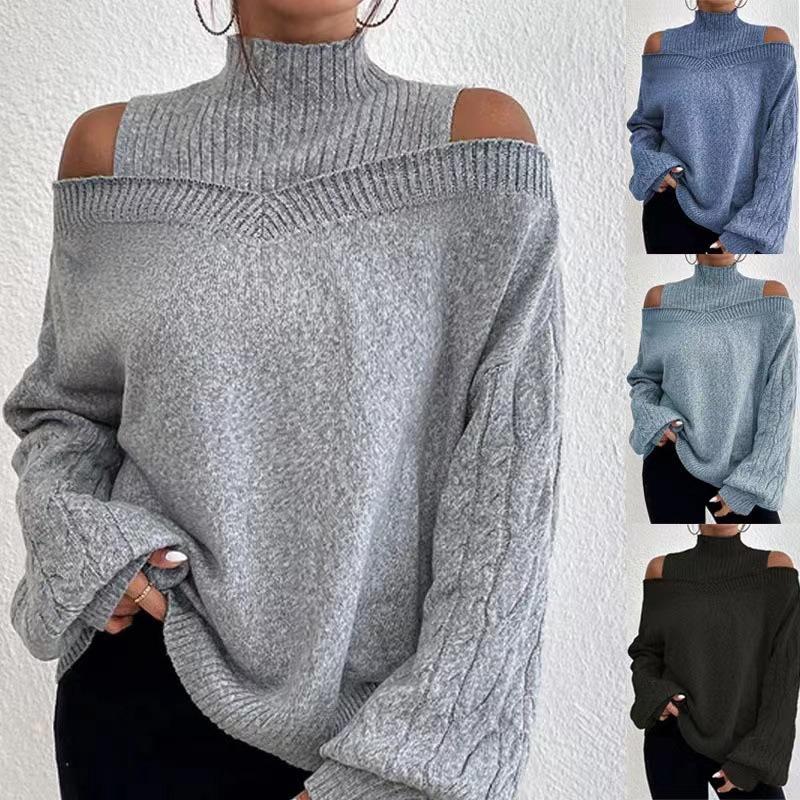 Women S Loose Fit Off Shoulder Mock Neck Knit Sweater