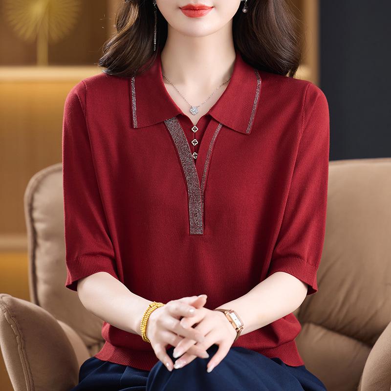 

Spring-Summer V-neck Ice Silk Knit Top for Middle-aged & Elderly Women - Stylish & Comfortable Short Sleeve Pullover 4XL (Recommended 135-150 lbs)
