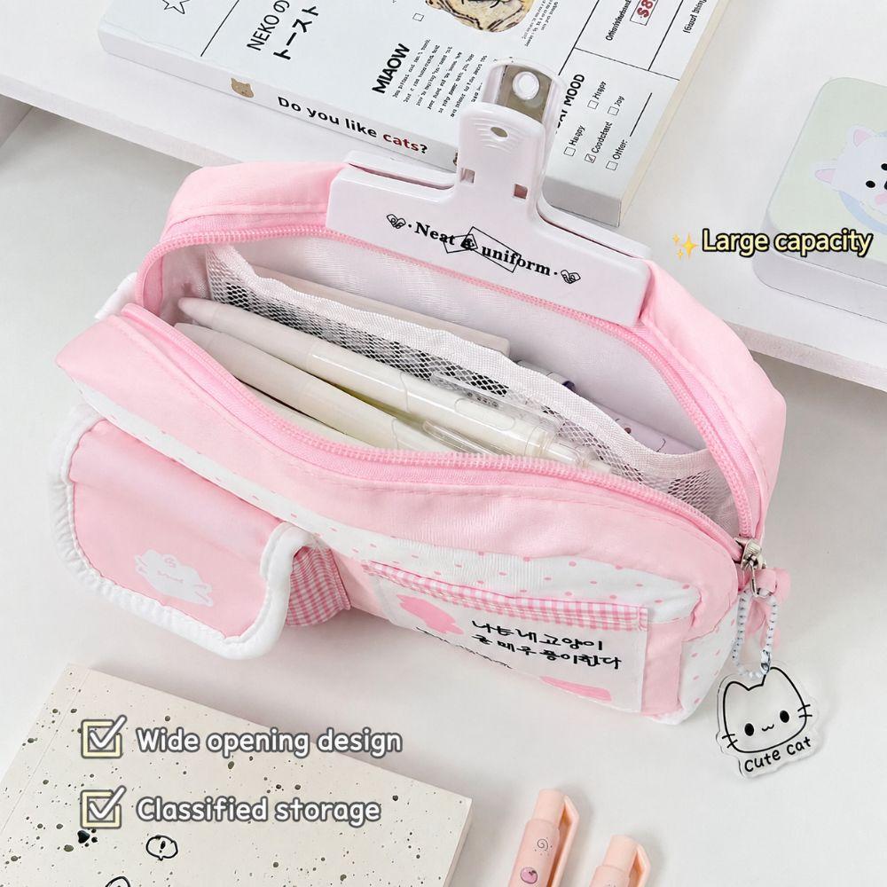 Cat Print Pen Bag Pink White Pencil Pouch Durable Stationery Organizer School Supplies