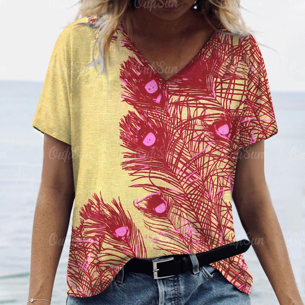 2024 New Women T-shirt Peacock Feather Print Plus Size Top Summer Women's Trend Clothing Fashion Short Sleeve Shirt V-Neck Tees