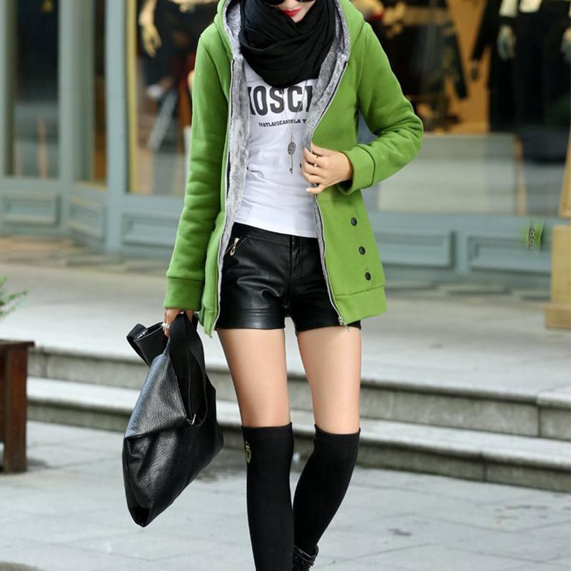 Women's Fleece Lined Hooded Jacket Thickened Autumn Winter Mid Length Coat Inner Fur Versatile Cardigan
